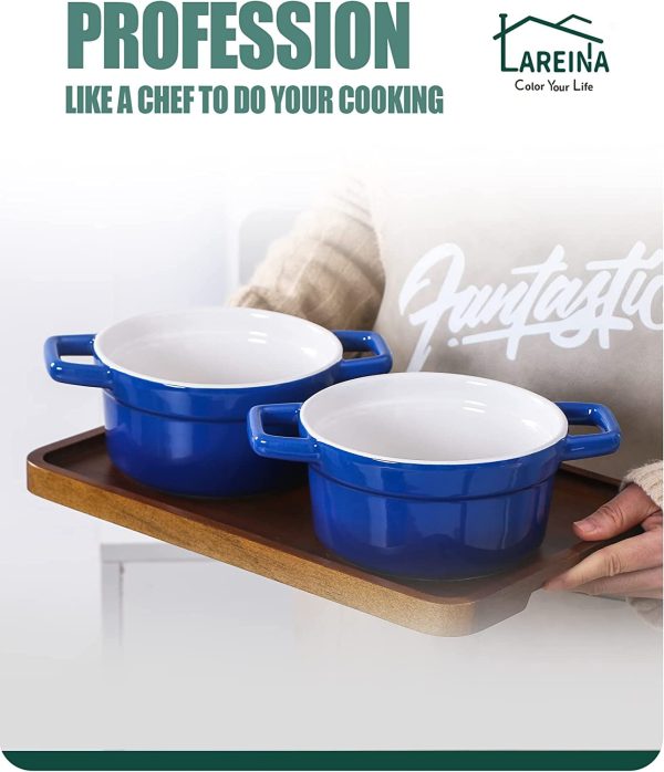 Lareina Large 25oz Ceramic Soup Bowls with Handles - Set of 4 Modern Gray Gradient Ceramic Soup Crocks for Kitchen. Microwave. Oven. and Dishwasher Safe.Blue