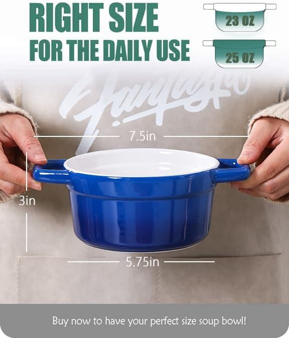 Lareina Large 25oz Ceramic Soup Bowls with Handles - Set of 4 Modern Gray Gradient Ceramic Soup Crocks for Kitchen. Microwave. Oven. and Dishwasher Safe.Blue