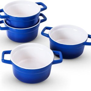 Lareina Large 25oz Ceramic Soup Bowls with Handles - Set of 4 Modern Gray Gradient Ceramic Soup Crocks for Kitchen. Microwave. Oven. and Dishwasher Safe.Blue