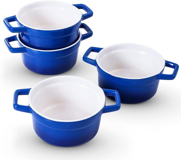 Lareina Large 25oz Ceramic Soup Bowls with Handles - Set of 4 Modern Gray Gradient Ceramic Soup Crocks for Kitchen. Microwave. Oven. and Dishwasher Safe.Blue