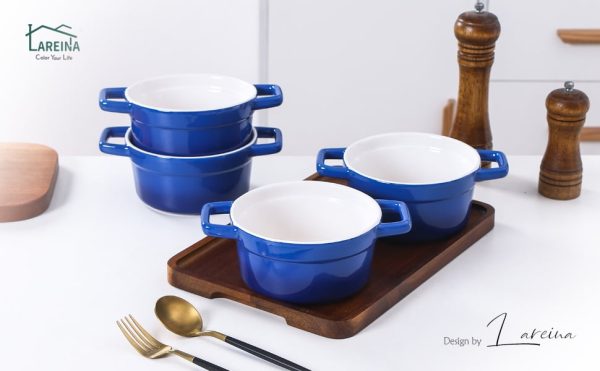 Lareina Large 25oz Ceramic Soup Bowls with Handles - Set of 4 Modern Gray Gradient Ceramic Soup Crocks for Kitchen. Microwave. Oven. and Dishwasher Safe.Blue