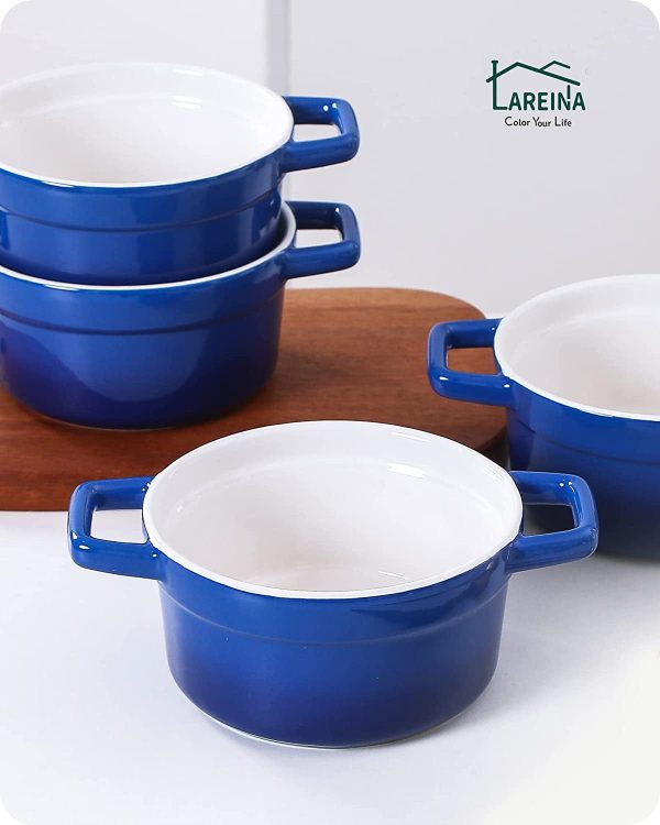 Lareina Large 25oz Ceramic Soup Bowls with Handles - Set of 4 Modern Gray Gradient Ceramic Soup Crocks for Kitchen. Microwave. Oven. and Dishwasher Safe.Blue