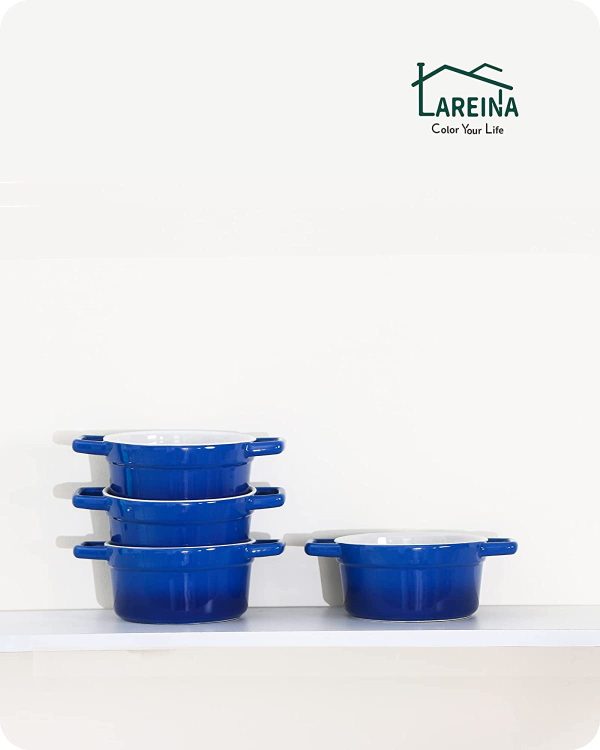 Lareina Large 25oz Ceramic Soup Bowls with Handles - Set of 4 Modern Gray Gradient Ceramic Soup Crocks for Kitchen. Microwave. Oven. and Dishwasher Safe.Blue