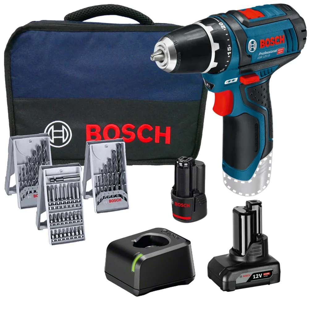 Bosch Akku-Bohrschrauber GSR 12V-15 / 1x 2,0 Ah + 1x 4,0 Ah Akku + Ladegerät inkl. Bit- und Bohrer-Set im Softbag - 061599...