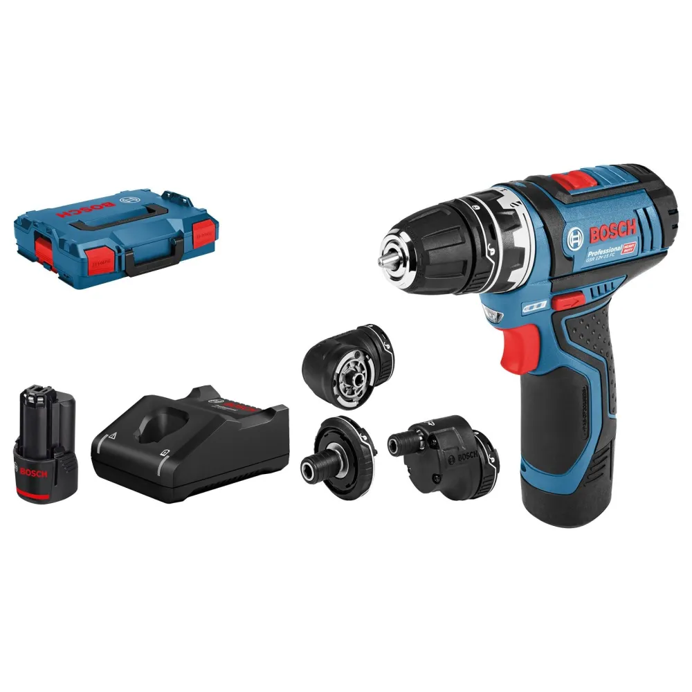 Bosch Akku-Bohrschrauber GSR 12V-15 FC FlexiClick / 2x 2,0 Ah Akku + Ladegerät inkl. Zubehör L-Boxx - 06019F6000