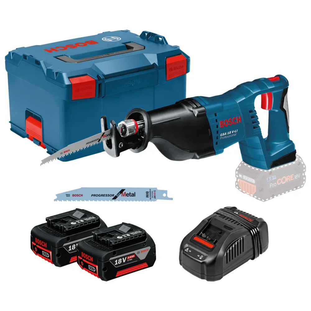 Bosch Akku-Säbelsäge GSA 18V-LI / 2x 5,0 Ah Akku + Ladegerät inkl. Zubehör-Set L-Boxx - 060164J00B