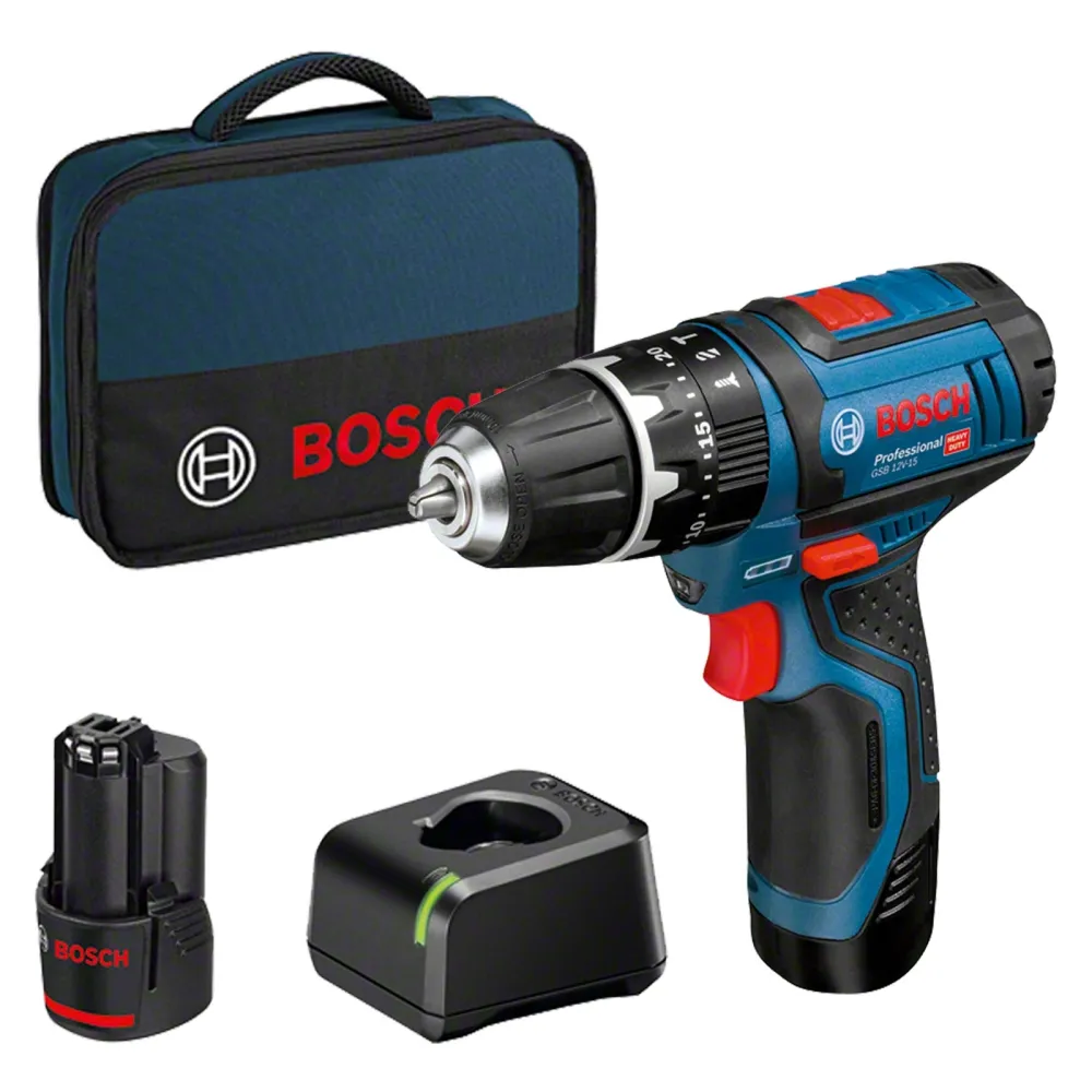 Bosch Akku-Schlagbohrschrauber GSB 12V-15 Professional 12 V / 2x 2,0 Ah Akku + Ladegerät Softbag - 06019B690H