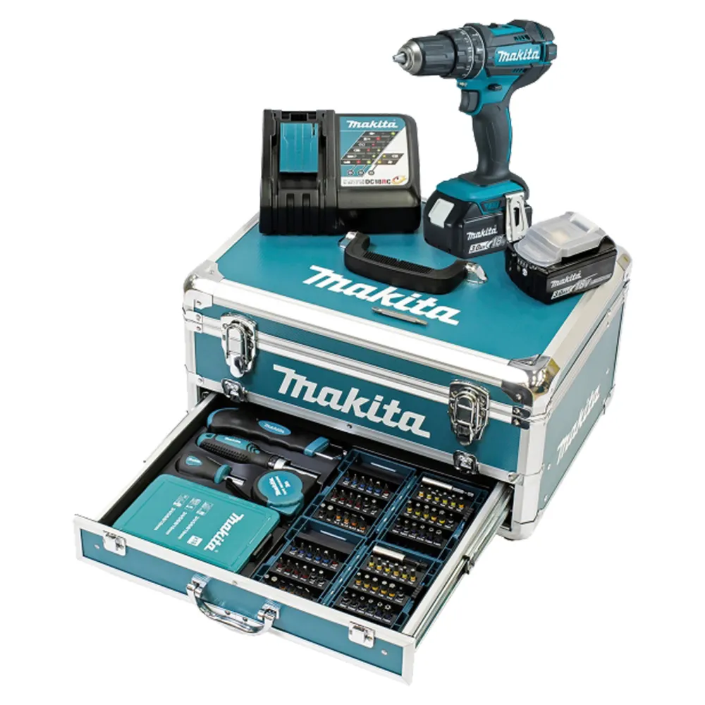 Makita DHP482RFX9 Akku-Schlagbohrschrauber 18V /2x 3,0 Ah Akku + Ladegerät inkl. 96tlg. Zubehör-Set im Alukoffer