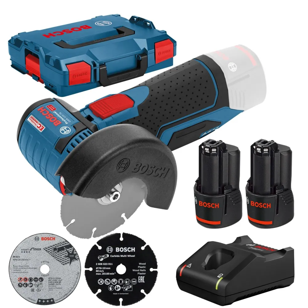 Bosch Akku-Winkelschleifer GWS 12V-76 Ø 76 mm / 2x 3,0 Ah Akku + Ladegerät L-Boxx - 06019F200B