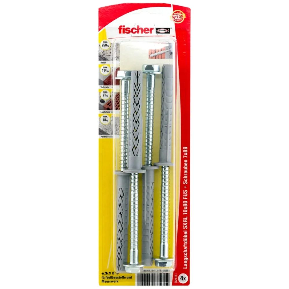 Fischer 4x Langschaftdübel SXRL 10x80 FUS Sechskantschraube mit U-Scheibe - 62414