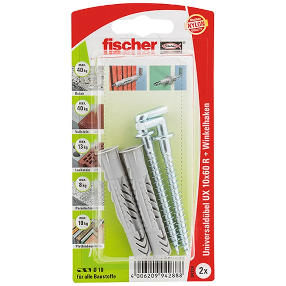 Fischer 2x Universaldübel UX 10x60 R WH mit Winkelhaken - 94288