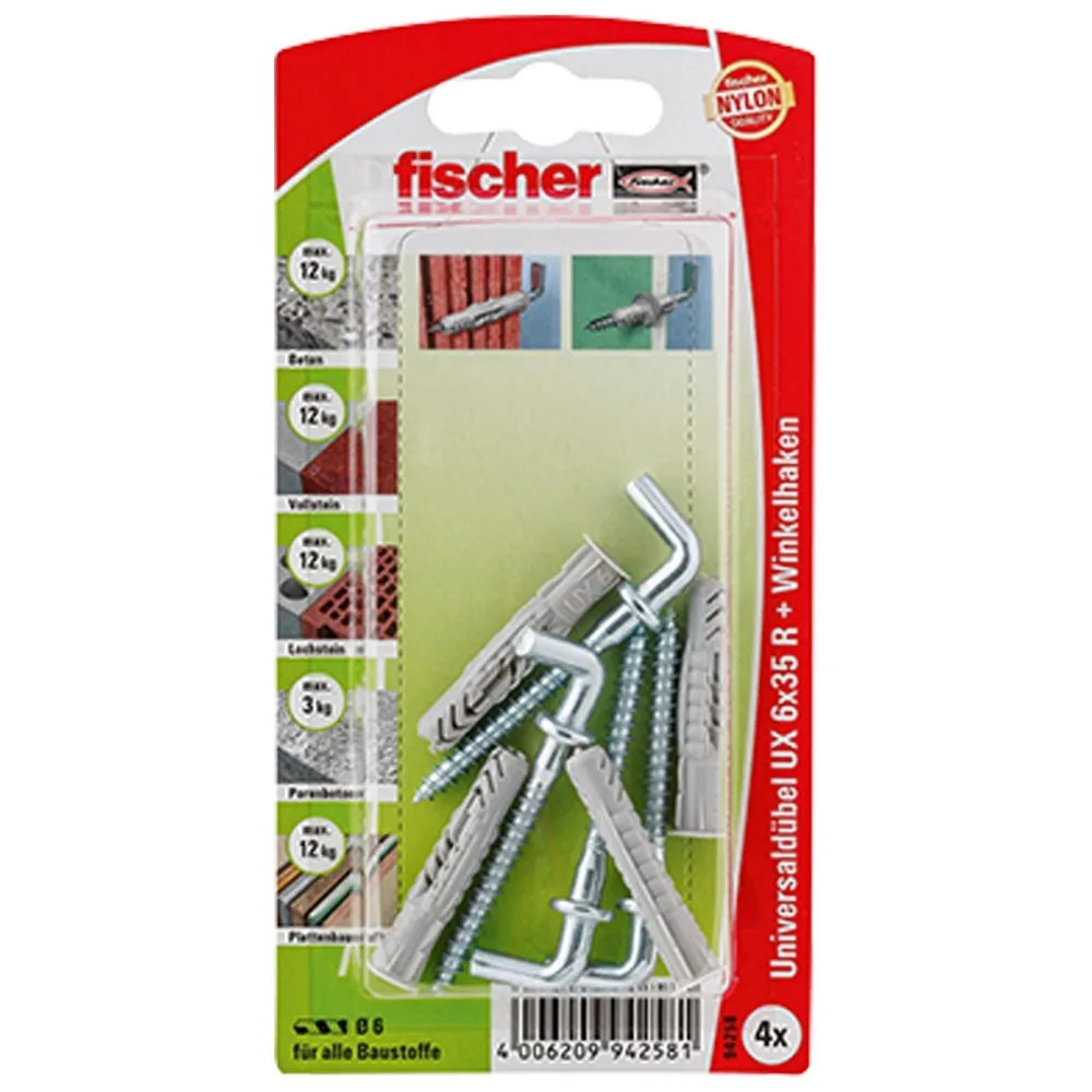 Fischer 4x Universaldübel UX 6x35 WH mit Winkelhaken - 94258