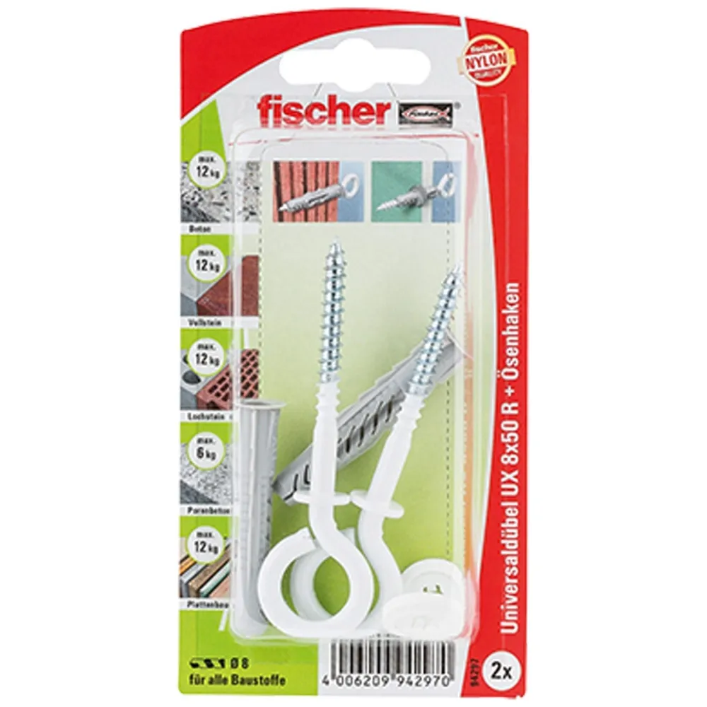 Fischer 2x Universaldübel UX 8x50 R OH N mit Rand und Ösenschraube nylonbeschichtet - 94297