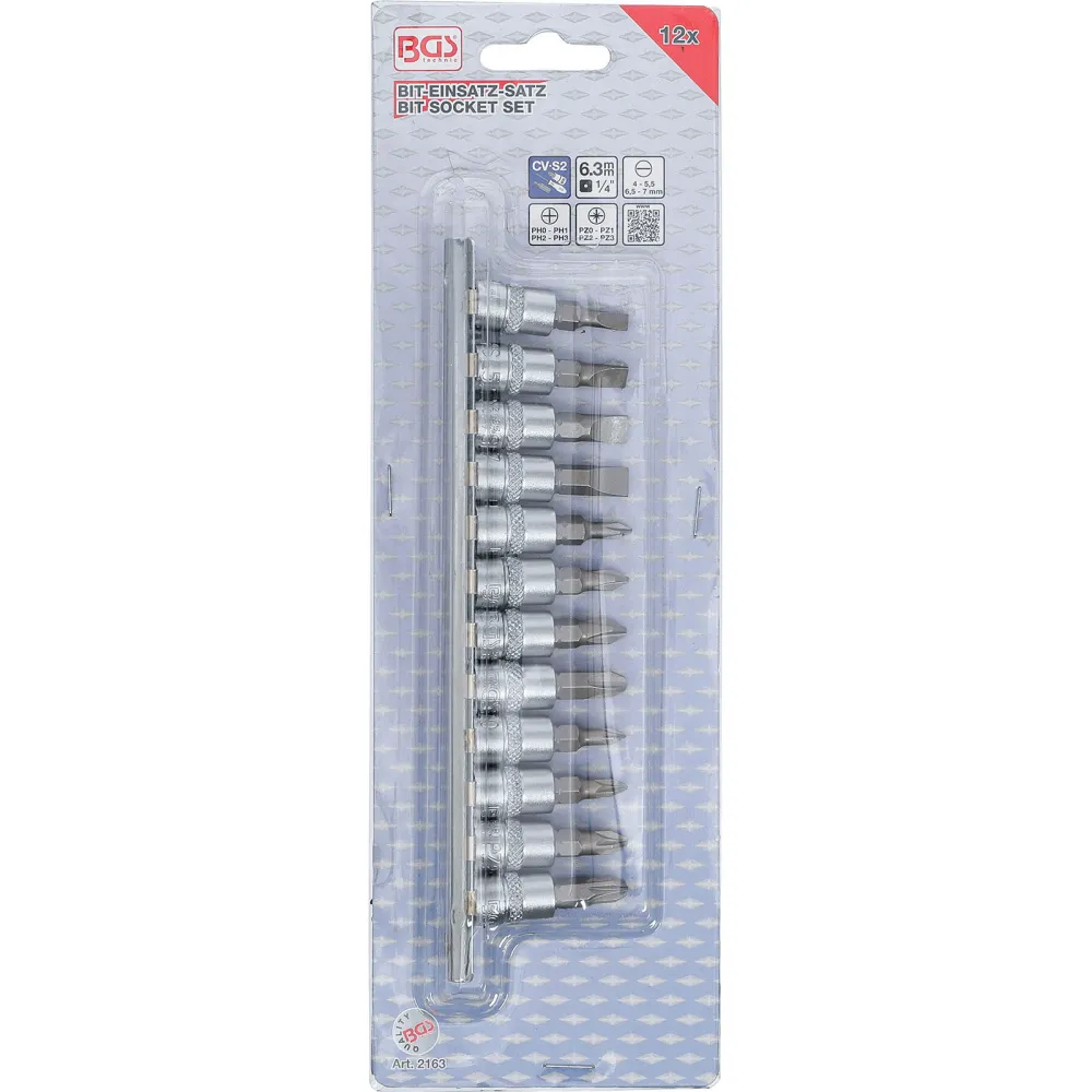 BGS Bit-Einsatz-Satz Antrieb Innenvierkant 6,3 mm (1/4") Schlitz, Kreuzschlitz PH, Kreuzschlitz PZ 12tlg. - 2163