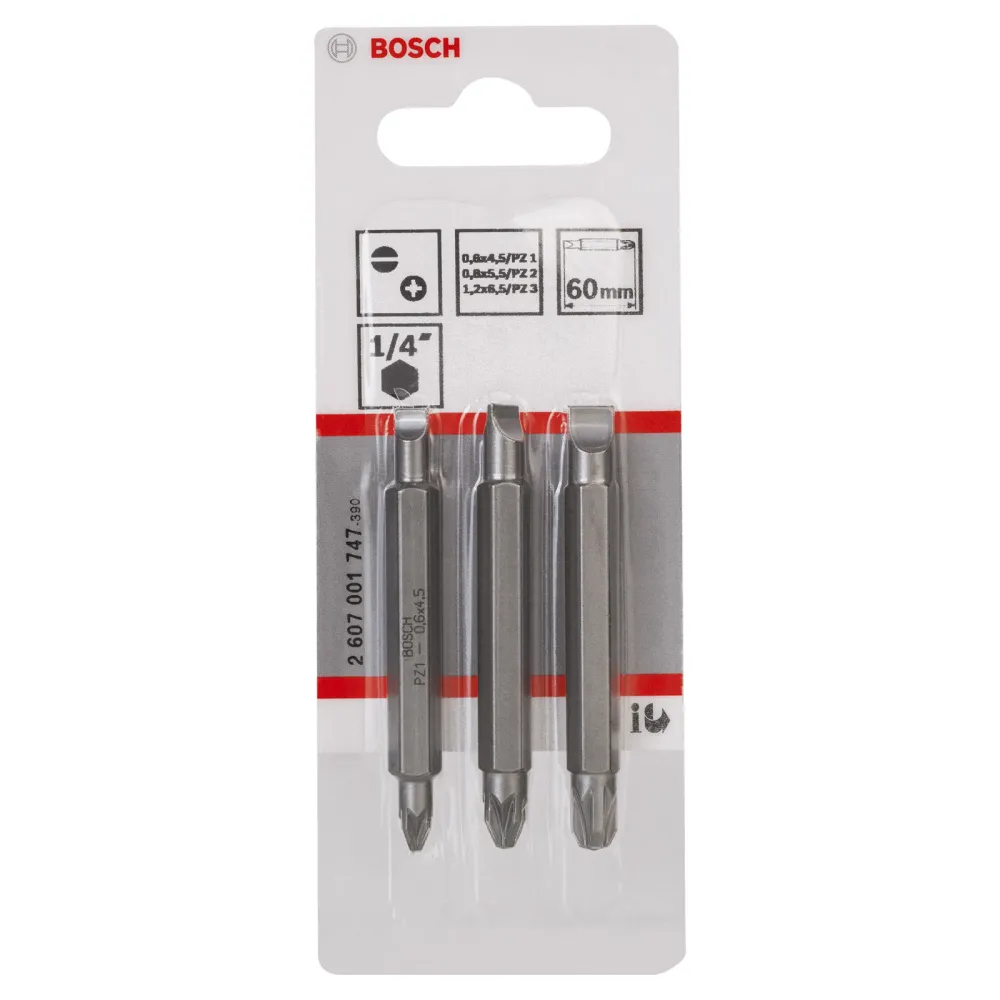 Bosch Doppelklingen-Set, 3tlg. S0,6x4,5, PZ1, S0,8x5,5, PZ2, S1,2x6,5, PZ3, 60 mm -2607001747