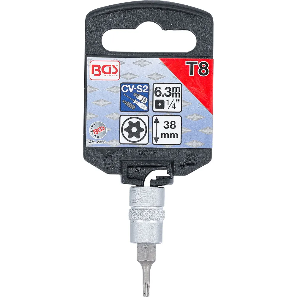 BGS Bit-Einsatz Antrieb Innenvierkant 6,3 mm (1/4") T-Profil (für Torx) mit Bohrung T8 - 2356
