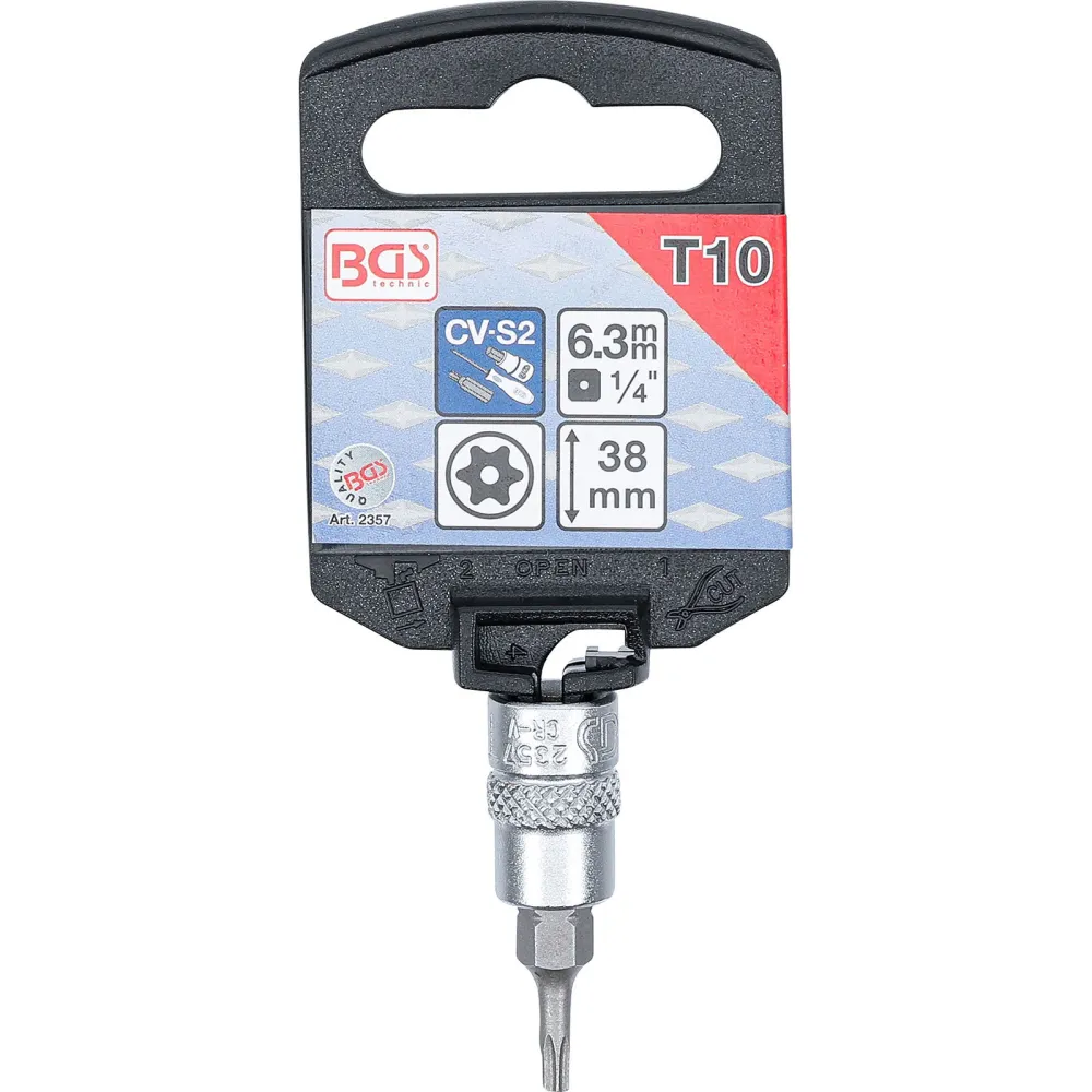 BGS Bit-Einsatz Antrieb Innenvierkant 6,3 mm (1/4") T-Profil (für Torx) mit Bohrung T10 - 2357