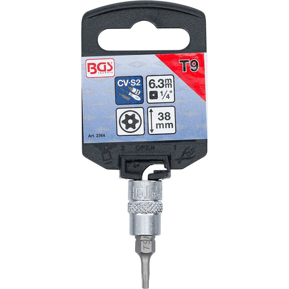 BGS Bit-Einsatz Antrieb Innenvierkant 6,3 mm (1/4") T-Profil (für Torx) mit Bohrung T9 - 2364