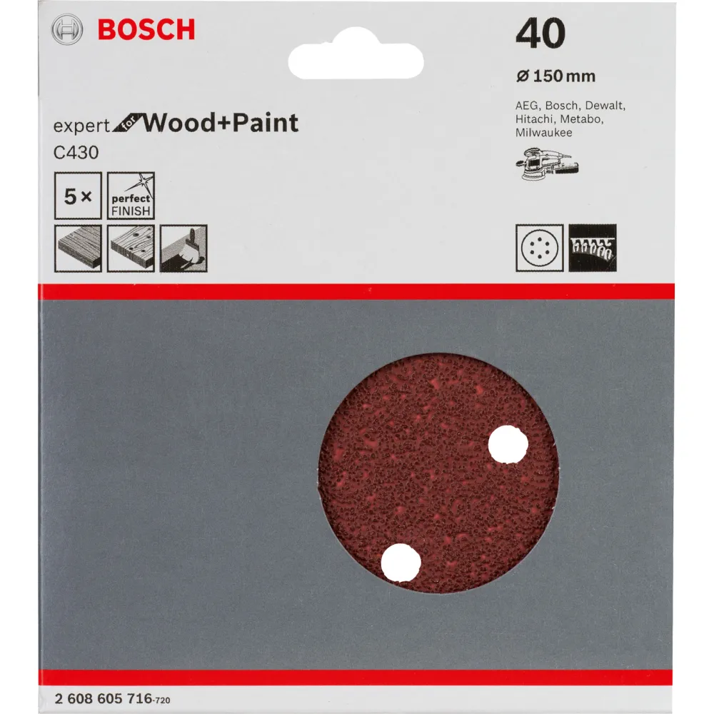Bosch 5x Schleifblatt C430 Expert Wood 6 Löcher Klett 150 mm K40 - 2608605716