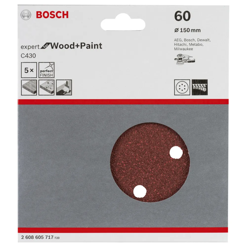 Bosch 5x Schleifblatt C430 Expert Wood 6 Löcher Klett 150 mm K60 - 2608605717