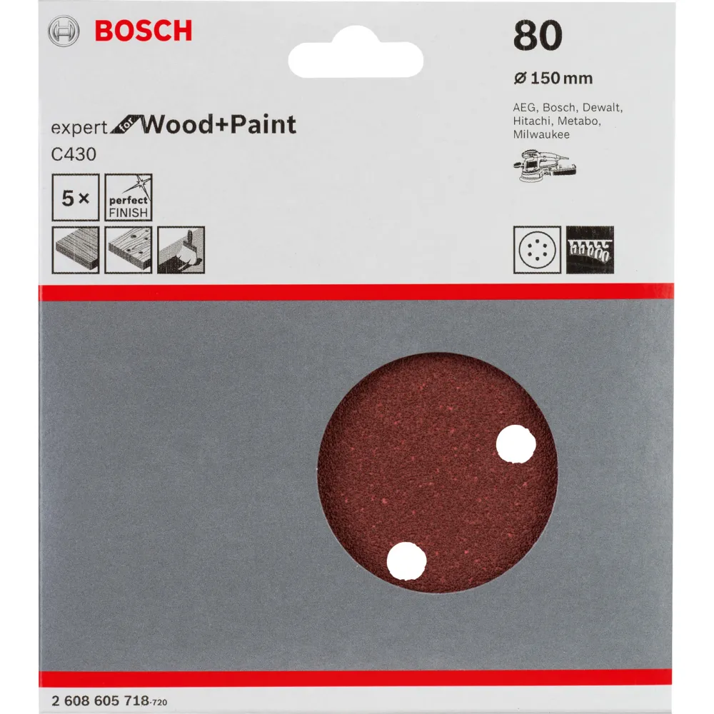 Bosch 5x Schleifblatt C430 Expert Wood 6 Löcher Klett 150 mm K80 - 2608605718