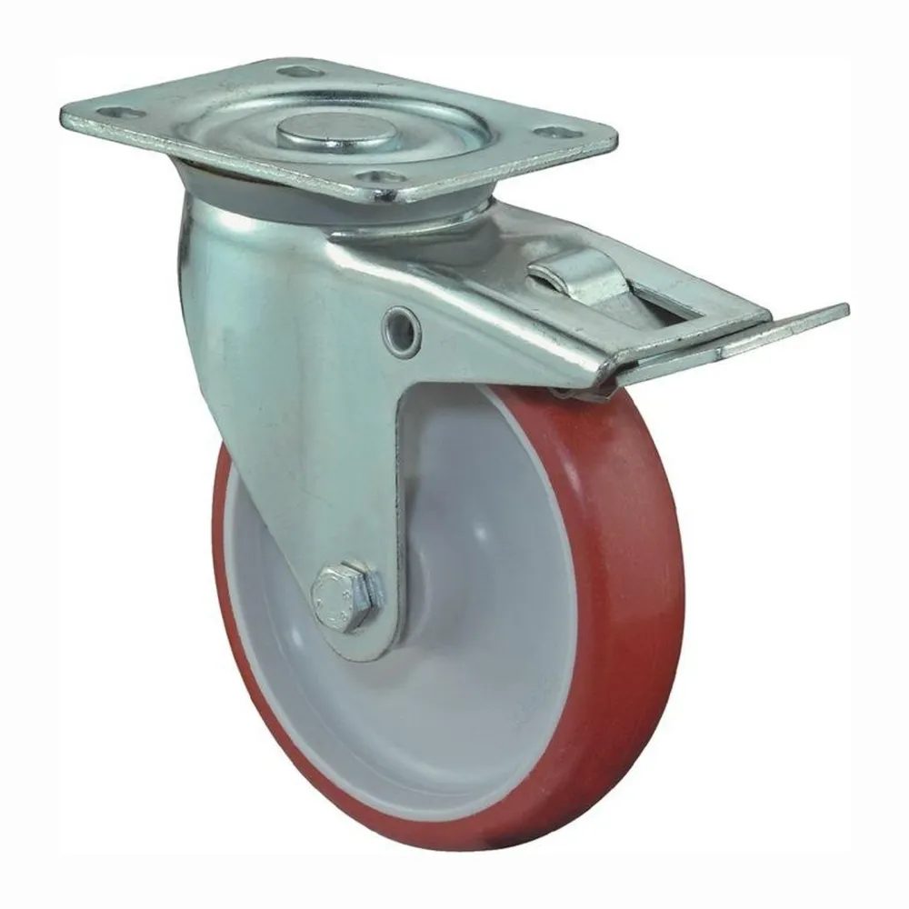 BS Rollen Lenkrolle mit Totalfeststeller und Anschraubplatte Polyurethan rot Rollenlager 80 mm 125 kg - L420.B31.080