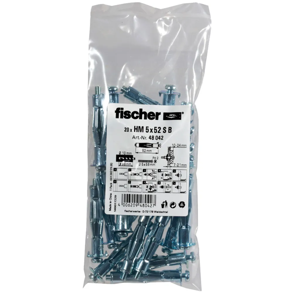 Fischer 20x Hohlraum-Metalldübel HM 5 x 52 S B im Beutel - 048042