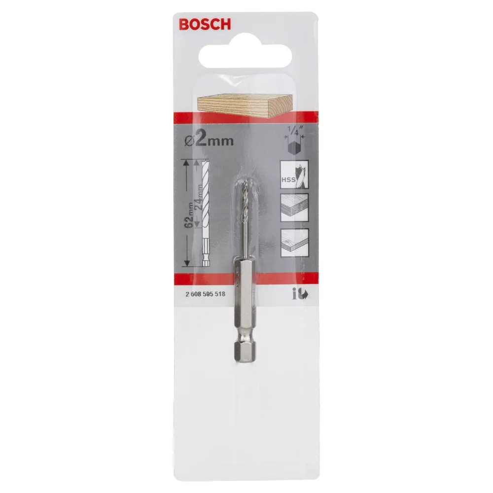 Bosch Holzspiralbohrer 1/4"-Sechskantschaft 2 x 24 x 62 mm - 2608595518