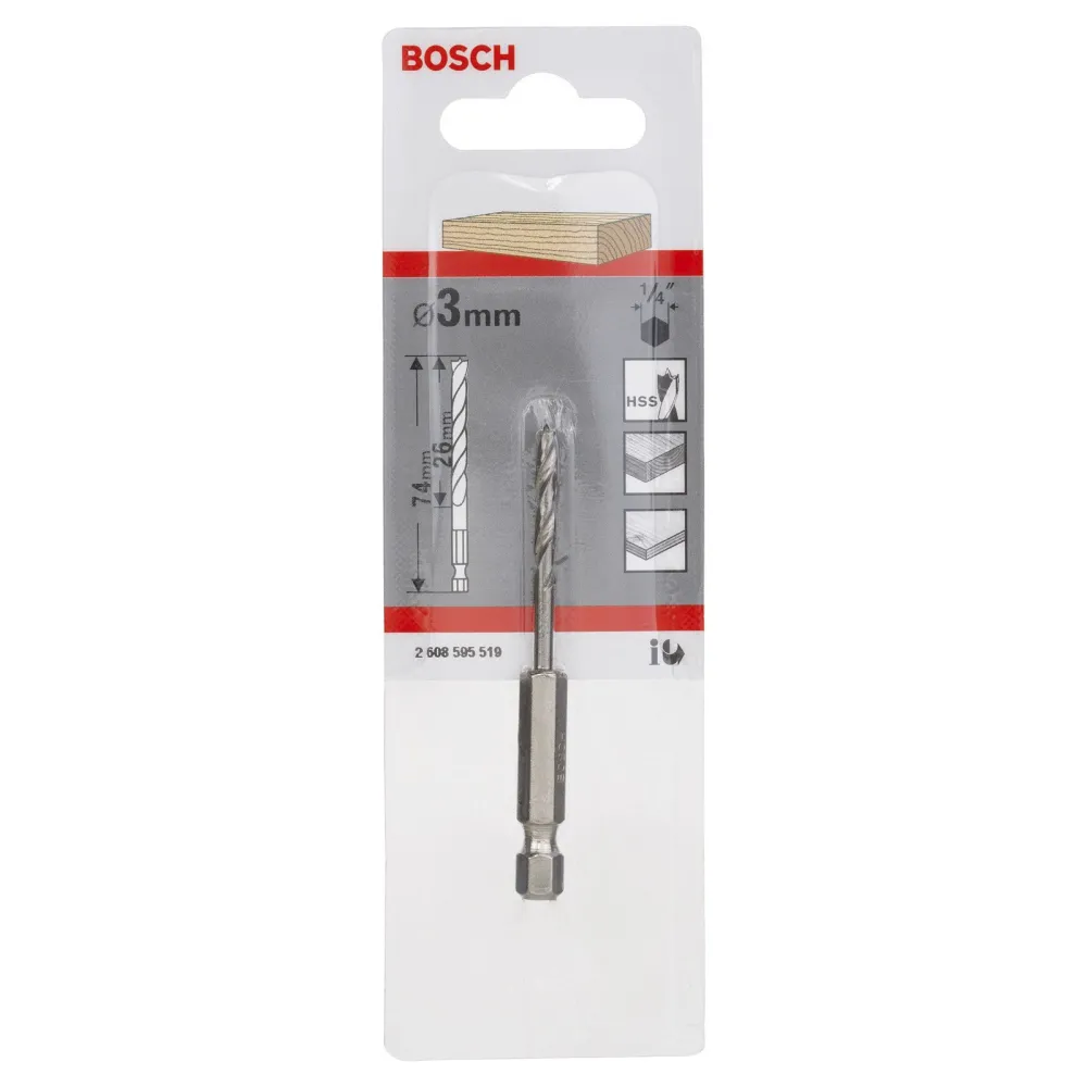 Bosch Holzspiralbohrer 1/4"-Sechskantschaft 3 x 33 x 74 mm - 2608595519
