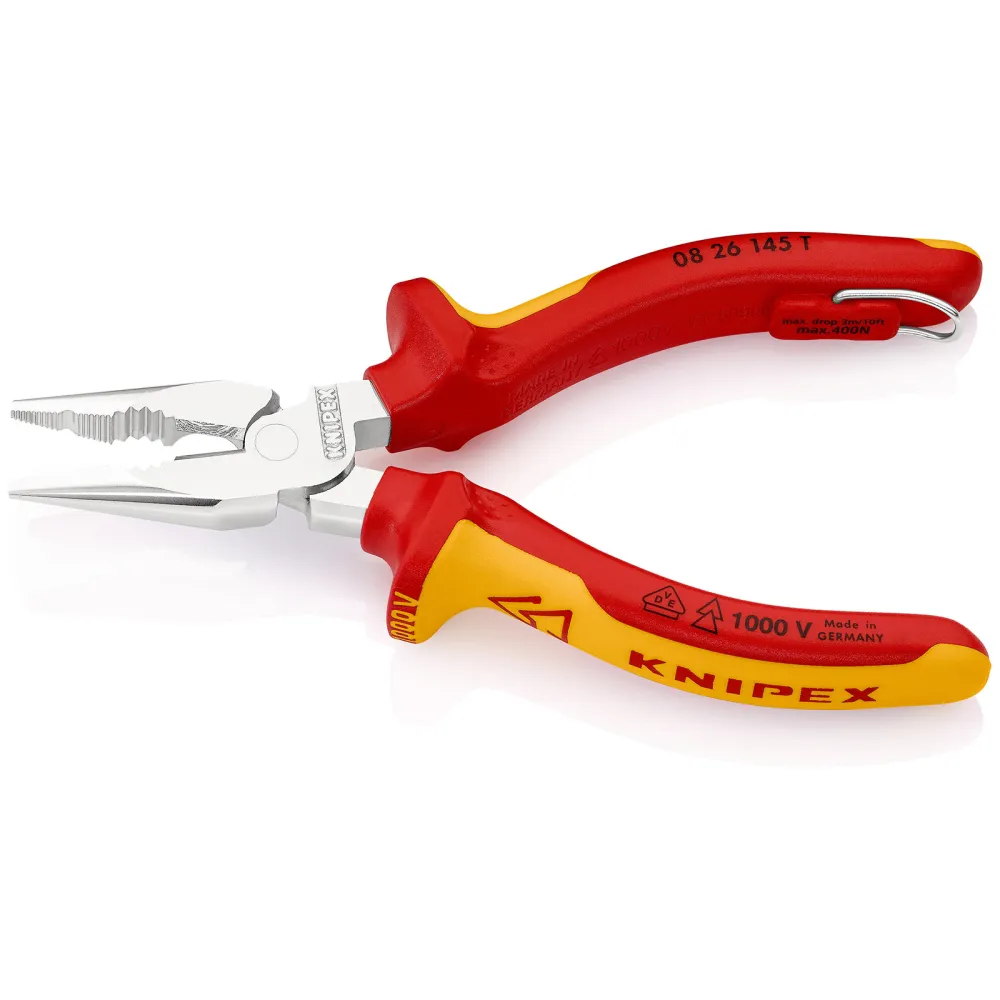 Knipex Spitzkombizange mit Befestigungsöse verchromt, isoliert mit Mehrkomponenten-Hüllen, VDE-geprüft; mit integrierter i...