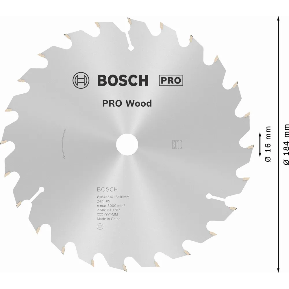 Bosch PRO Wood Kreissägeblatt 184 x 2,6 x 16 mm - 2608640817
