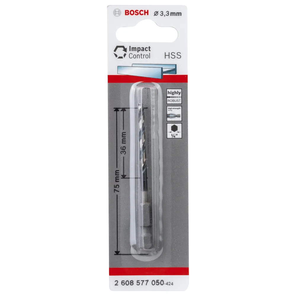 Bosch 1x HSS Spiralbohrer Impact Control mit Sechskantschaft 3,3 x 36 x 75 mm - 2608577050