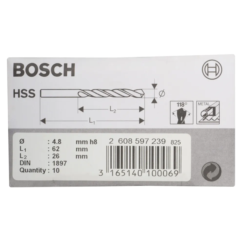 Bosch Karosseriebohrer HSS-R DIN 1897 4,8 x 26 x 62 mm - 2608597239
