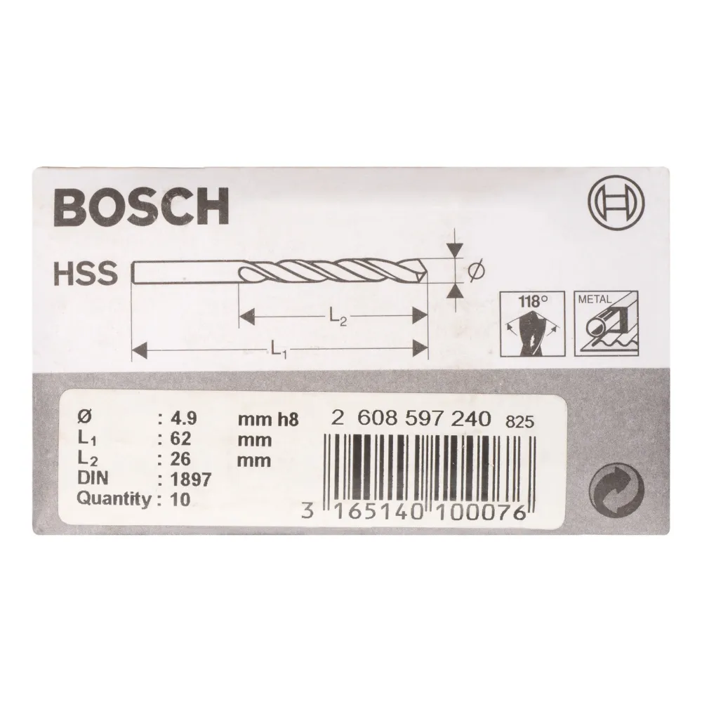 Bosch Karosseriebohrer HSS-R DIN 1897 4,9 x 26 x 62 mm - 2608597240