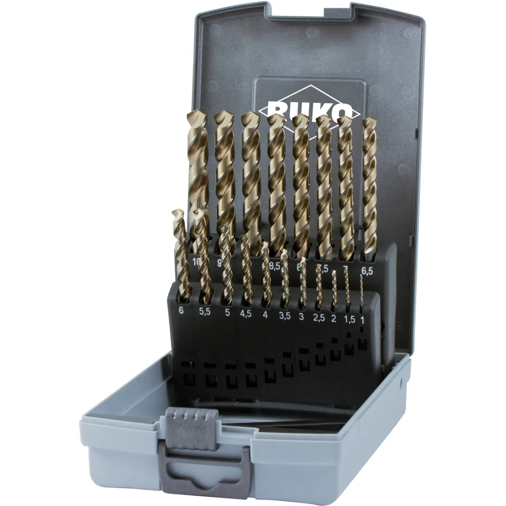 RUKO Spiralbohrer-Satz DIN 338 Typ UNI, HSSE-Co 5 ABS-Kunststoffkassette - 19 tlg. - 228214RO