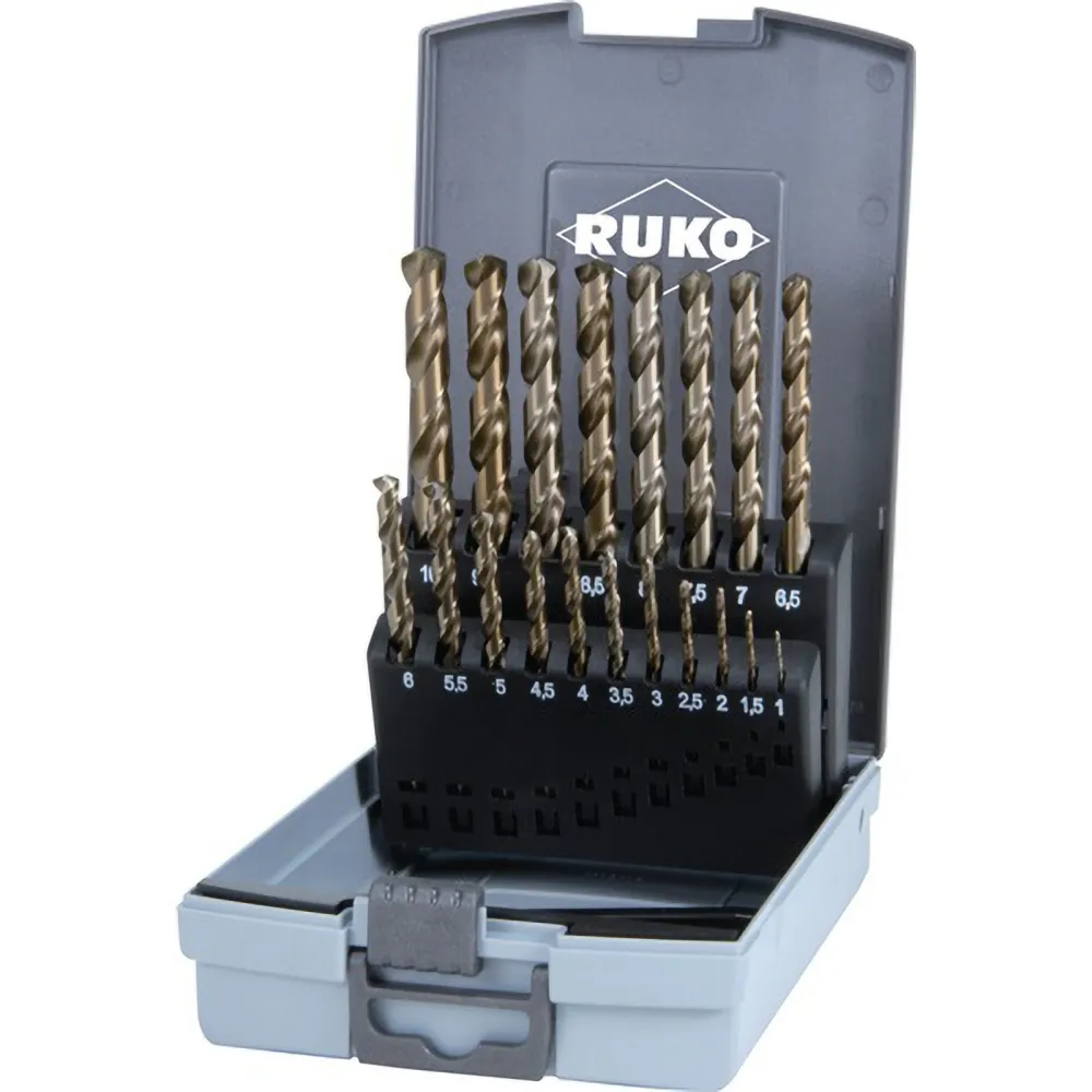 RUKO Spiralbohrersatz HSSE-Co 5 DIN 338 Typ VA 19tlg. Ø 1 - 10 mm ABS-Kunststoffkassette - 215214RO
