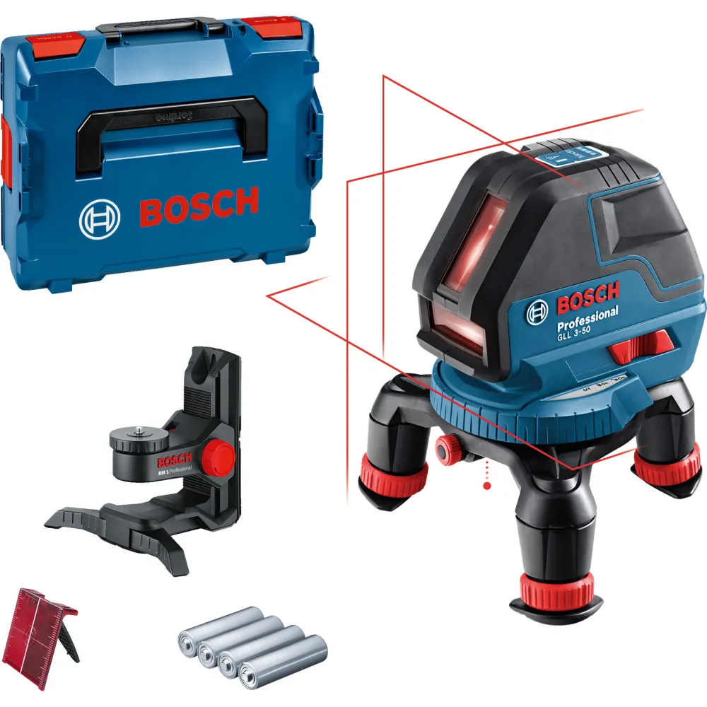 Bosch Linienlaser GLL 3-50 / 4x 1,5 V-LR6-Batterie inkl. BM 1 + Laserzieltafel L-Boxx - 0601063802