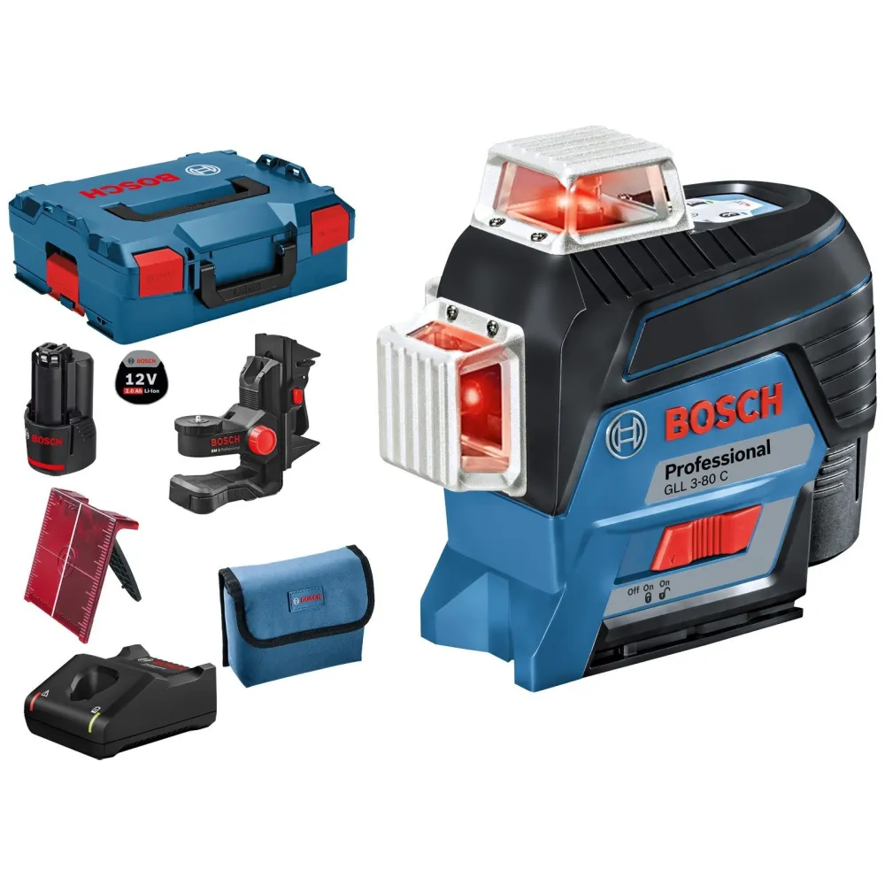 Bosch Linienlaser GLL 3-80 C 12 V / 1x 2,0 Ah Akku + Ladegerät inkl. Zubehör-Set L-Boxx - 0601063R02