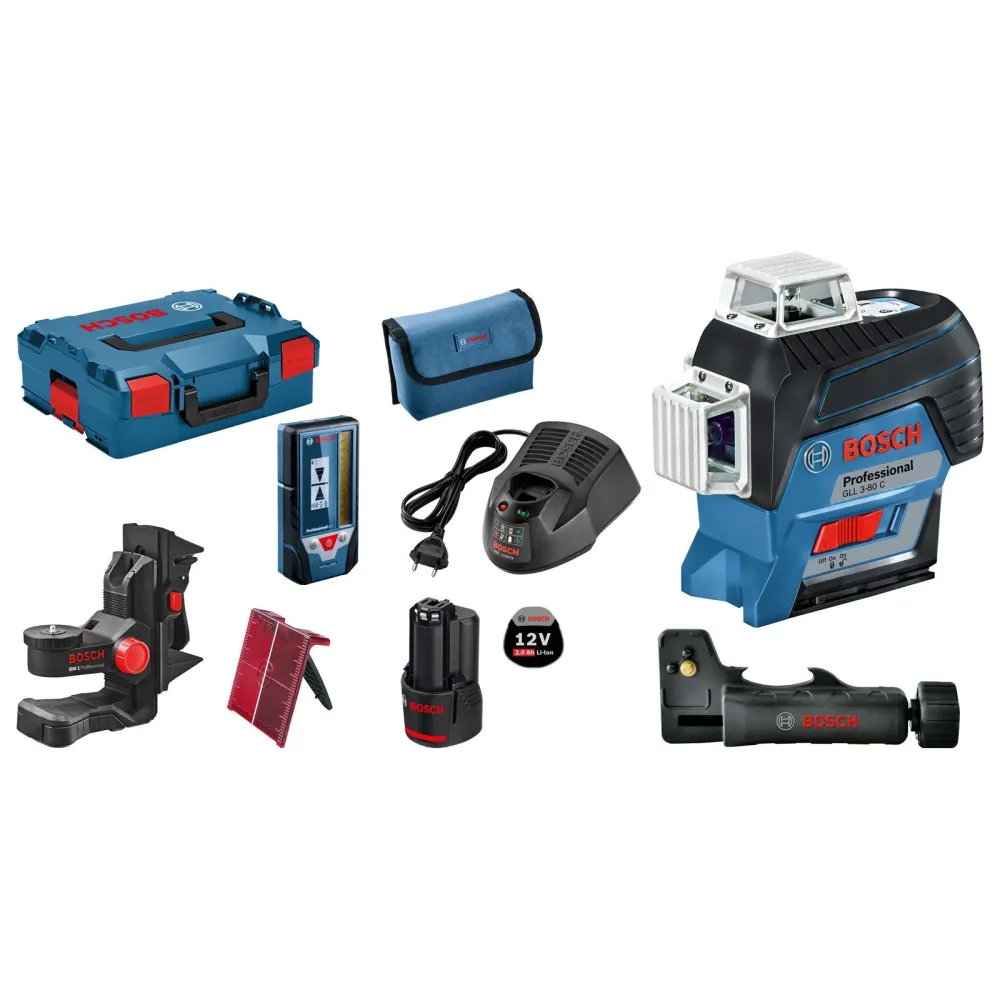 Bosch Linienlaser GLL 3-80 C 12 V / 1x 2,0 Ah Akku + Ladegerät inkl. Zubehör-Set L-Boxx - 0601063R05