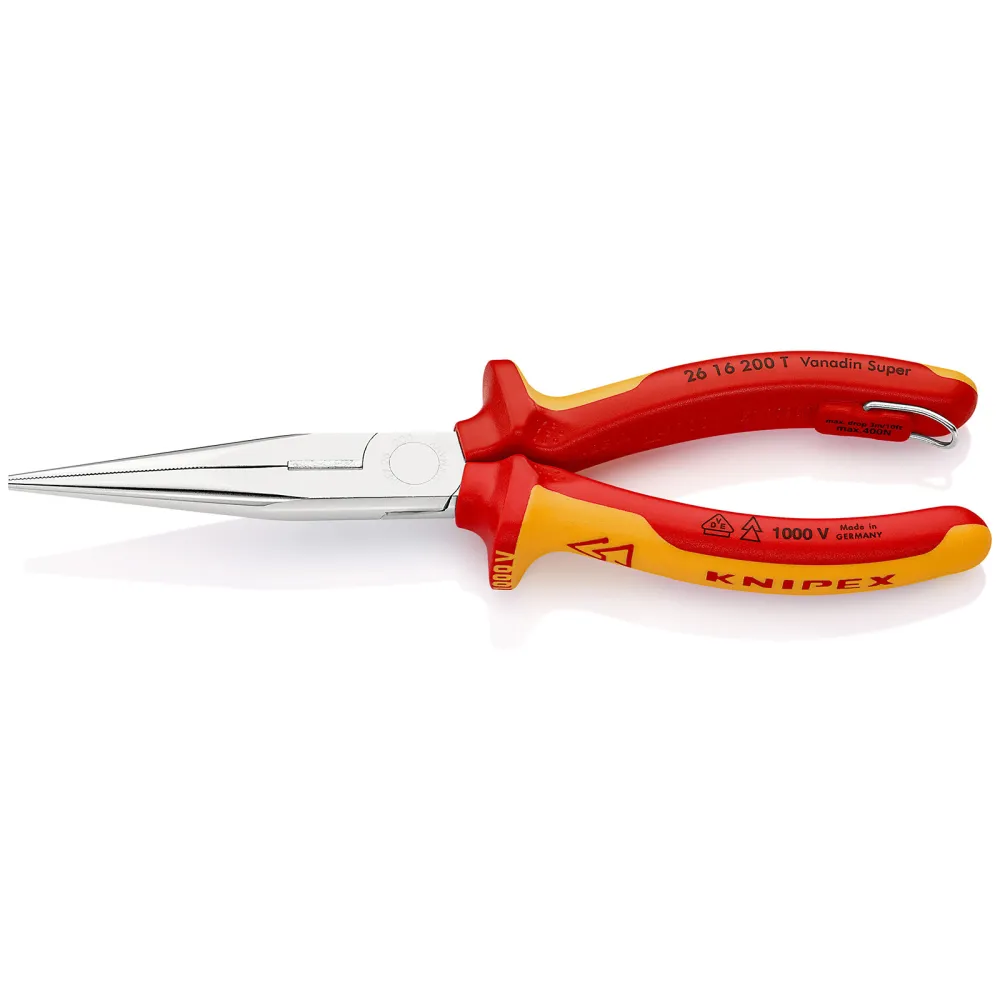 Knipex Flachrundzange mit Schneide/Befestigungsöse verchromt, isoliert mit Mehrkomponenten-Hüllen, VDE-geprüft; mit integr...