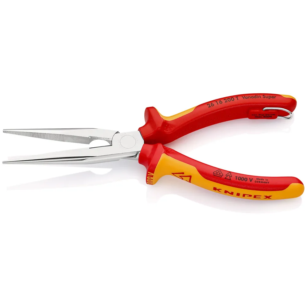 Knipex Flachrundzange mit Schneide/Befestigungsöse verchromt, isoliert mit Mehrkomponenten-Hüllen, VDE-geprüft; mit integr...