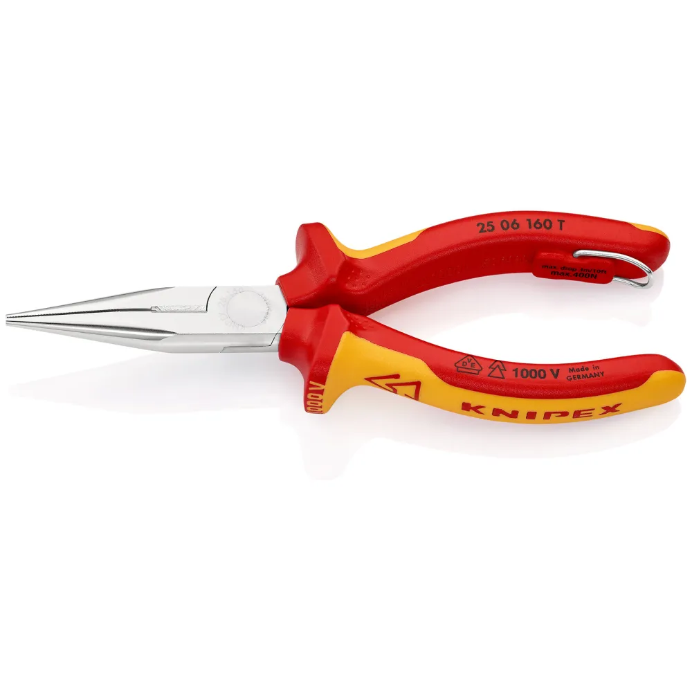 Knipex Flachrundzangemit Schneide/Befestigungsöse verchromt, isoliert mit Mehrkomponenten-Hüllen, VDE-geprüft; mit integri...