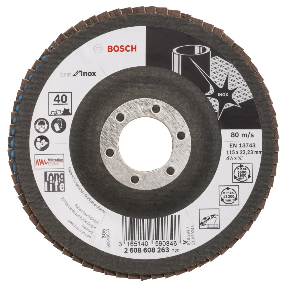 Bosch Fächerschleifscheibe Best Inox 115 22,23 40 gewinkelt Glasgewebeteller - 2608608263