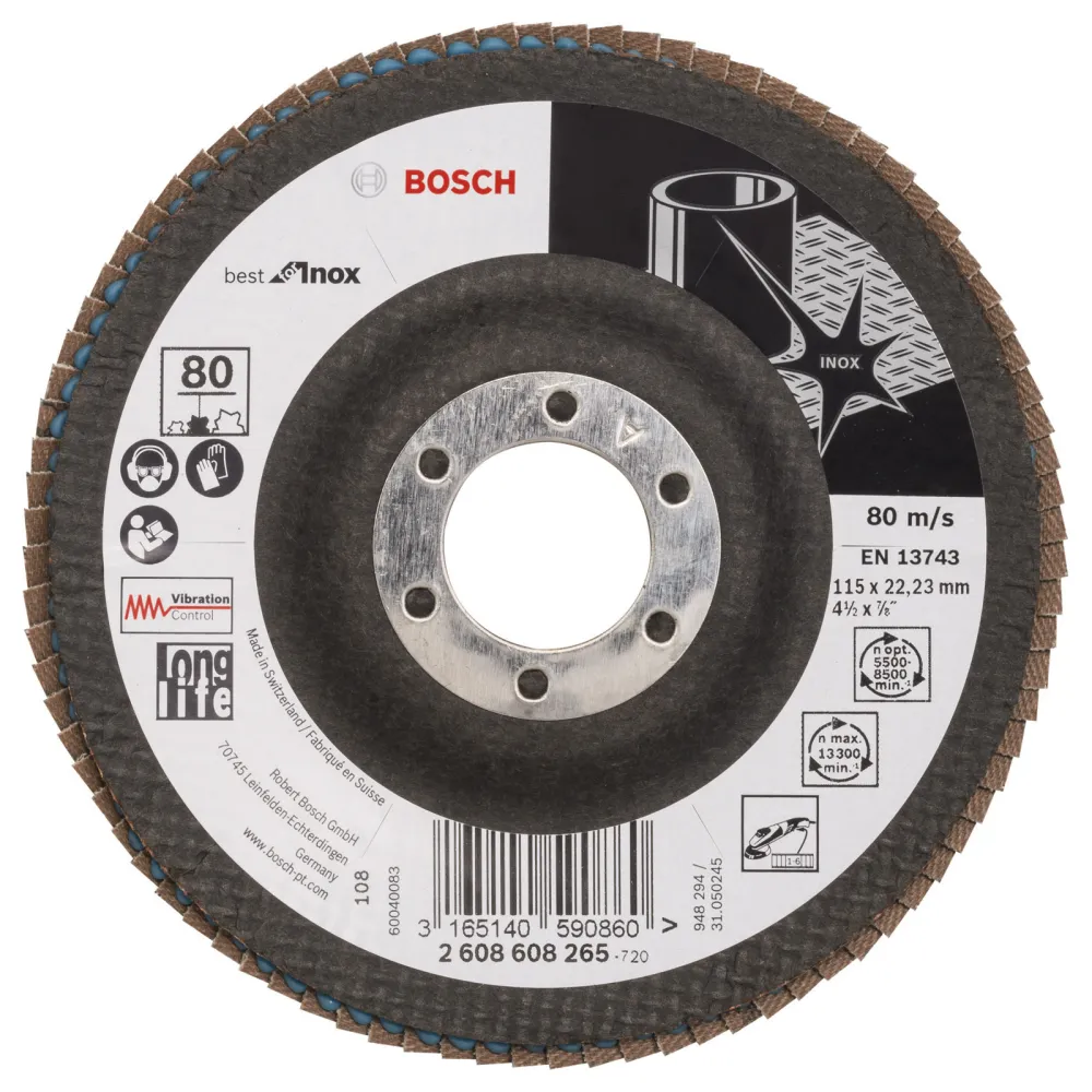 Bosch Fächerschleifscheibe Best Inox 115 22,23 80 gewinkelt Glasgewebeteller - 2608608265