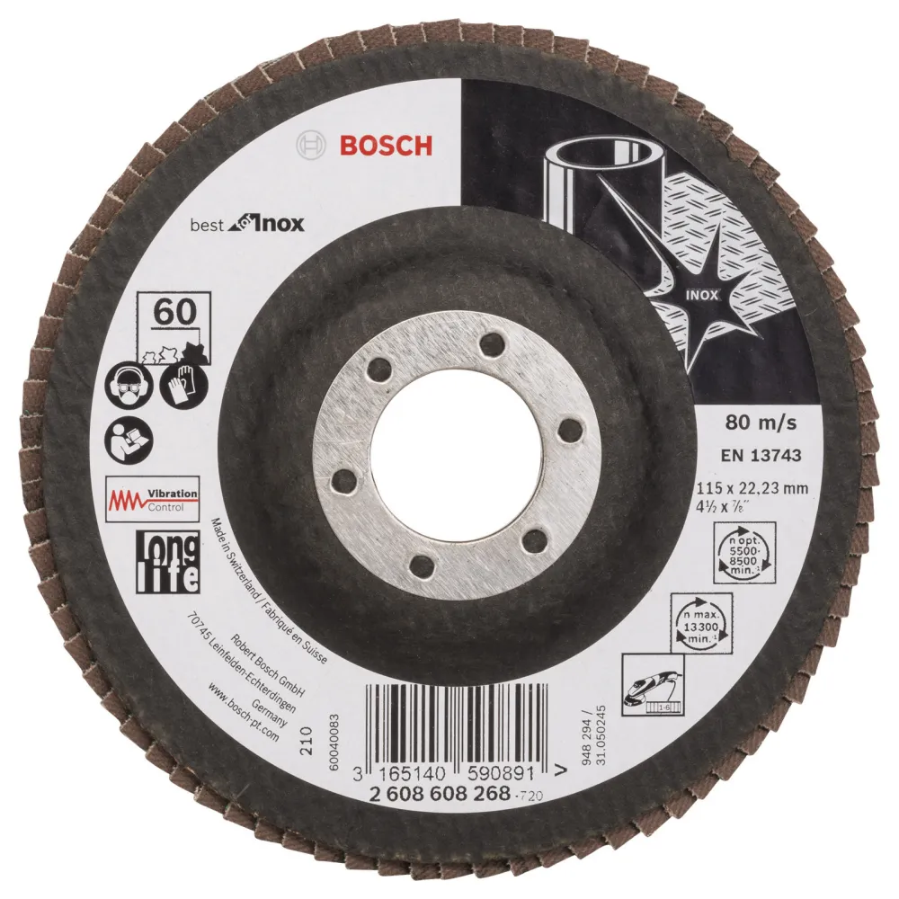 Bosch Fächerschleifscheibe Best Inox 115 22,23 60 gerade Glasgewebeteller - 2608608268