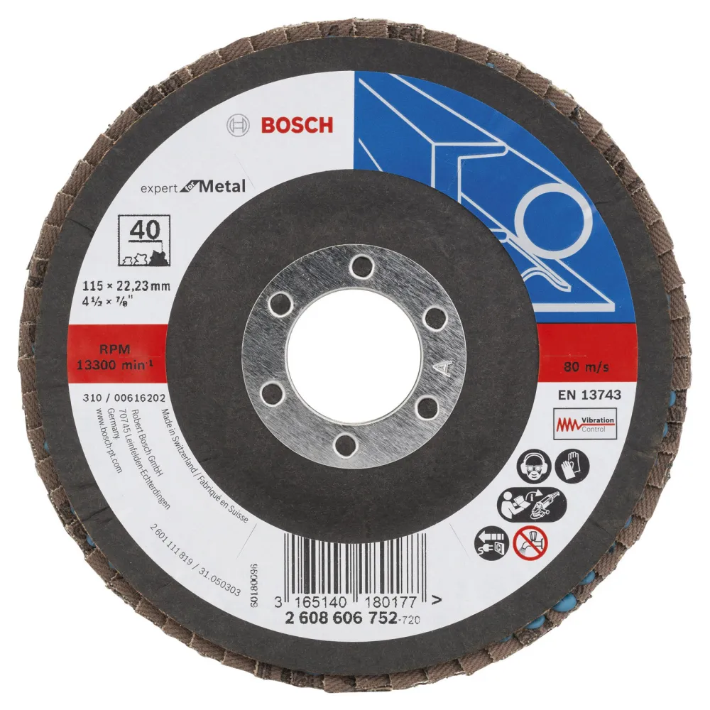 Bosch Fächerschleifscheibe Expert Metal 115 22,23 40 gewinkelt Glasgewebet. - 2608606752