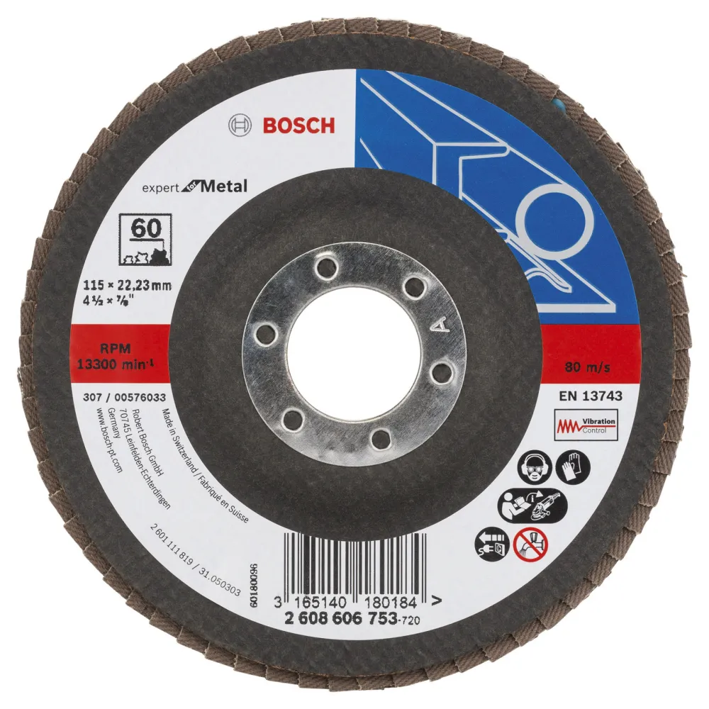 Bosch Fächerschleifscheibe Expert Metal 115 22,23 60 gewinkelt Glasgewebet. - 2608606753