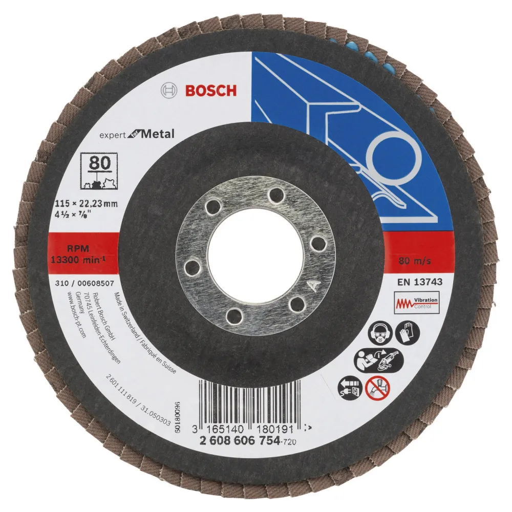 Bosch Fächerschleifscheibe Expert Metal 115 22,23 80 gewinkelt Glasgewebet. - 2608606754
