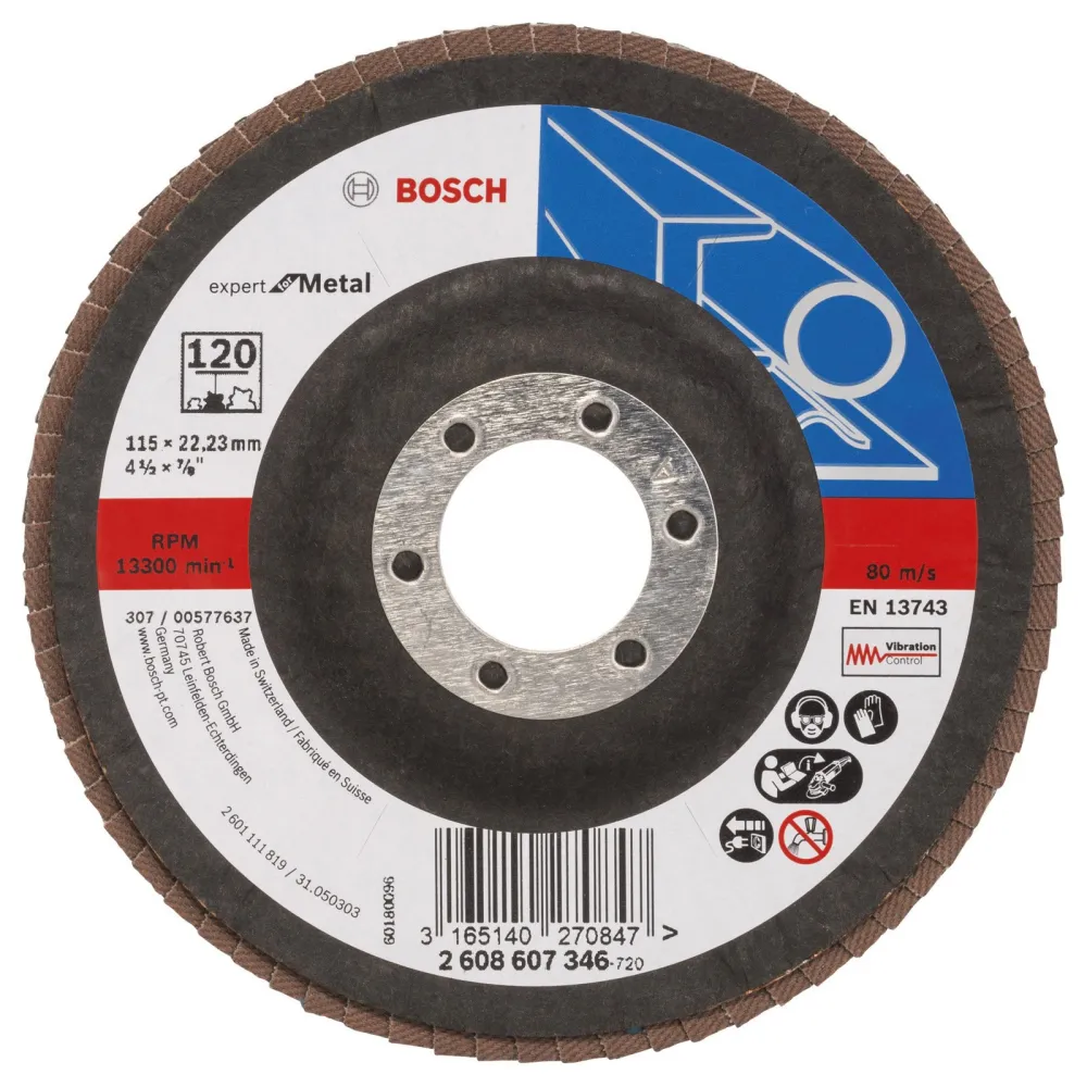 Bosch Fächerschleifscheibe Expert Metal 115 22,23 120 gewinkelt Glasgewebet. - 2608607346