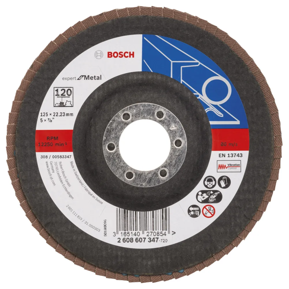 Bosch Fächerschleifscheibe Expert Metal 125 22,23 120 gewinkelt Glasgewebet. - 2608607347